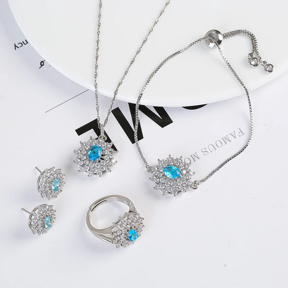 Snowflake Zircon Jewelry Set – 4-Piece (Necklace, Bracelet, Earrings, Ring) – Classic Luxury Gift MLADC & P